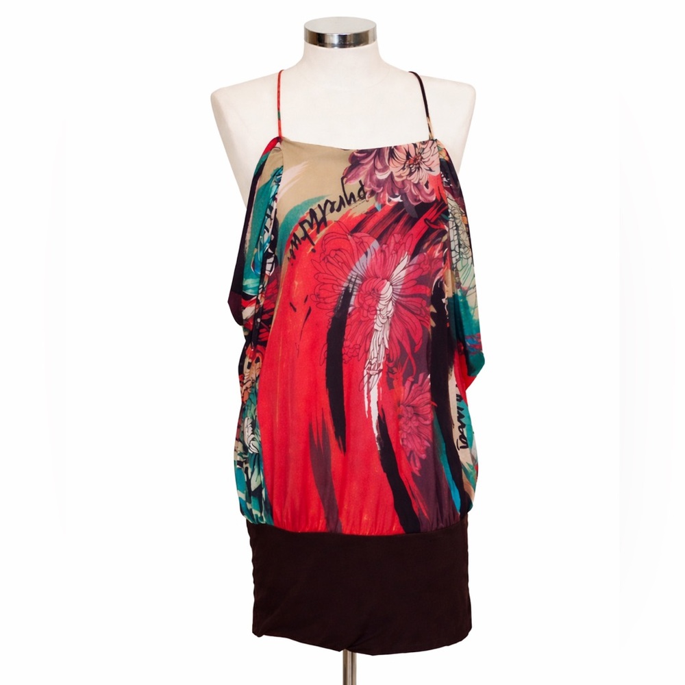 Boho Halter Mini Dress Open Back Floral Abstract Print Size M